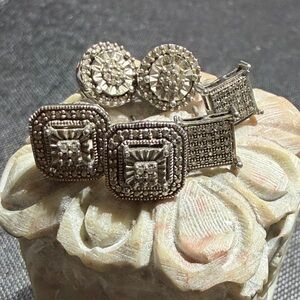 3 Pair Sterling Silver Diamond cluster stud earrings (2)